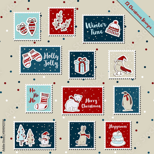 A set of Christmas stamps, postage stamp, stickers, scrapbook, label tag with wool, gloves, bobble hat, text, snowman, bear, bird, penguin, Christmas ornaments for greeting holiday celebration.  
