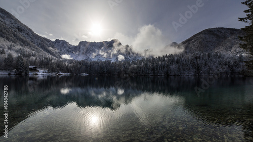 first snow at the mountain lake