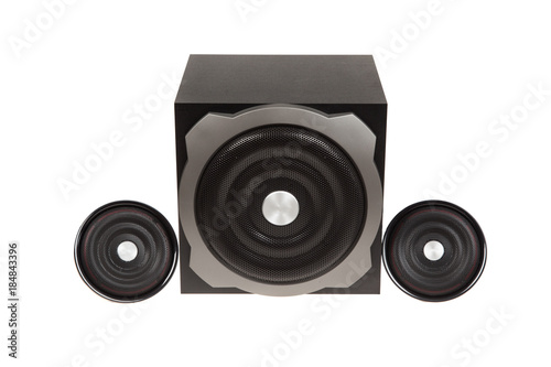 Modern black computer speakers with subwoofer isolated on white photo