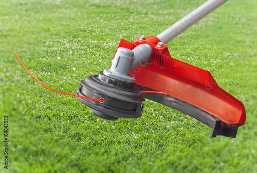 Lawnmower big head trimmer red machine on green grass in the garden