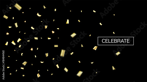 Gold Tinsel Rich Confetti. Christmas, Birthday, New Year, Party Celebration Background. Vector Frame, Design Decoration. Sparkling Bright Golden Tinsel Flying.