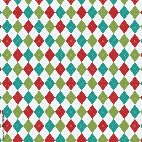 Red and green argyle seamless pattern. Christmas, holiday repeating pattern for fabric, gift wrap, cards, backgrounds, borders, gift tags, gift bags, decorations and more.  Vector background.