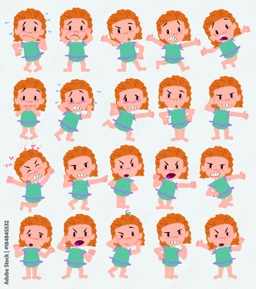 Cartoon character girl in a swimsuit. Set with different postures, attitudes and poses, always in negative attitude, doing different activities in vector vector illustrations.