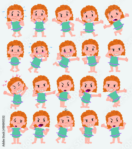 Cartoon character girl in a swimsuit. Set with different postures  attitudes and poses  always in negative attitude  doing different activities in vector vector illustrations.