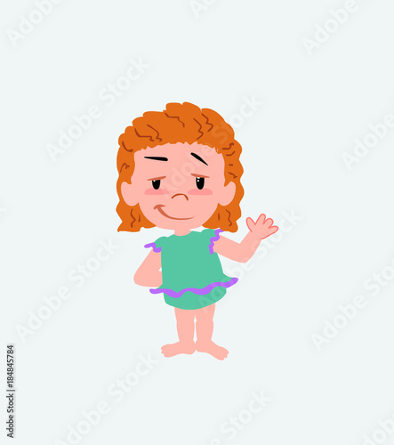White girl in a swimsuit waving with a dreamy expression.