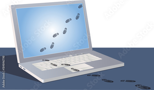 Digital footprints crossing a laptop screen and following outside, EPS 8 vector illustration