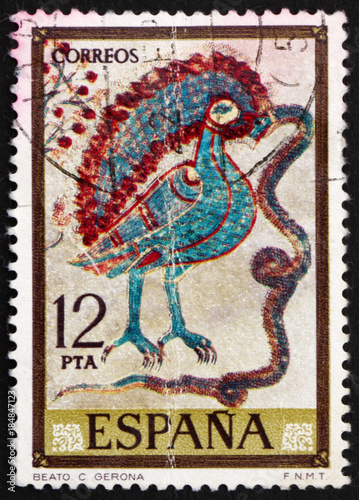 Postage stamp Spain 1975 bird holding snake, scene from Apocalypse