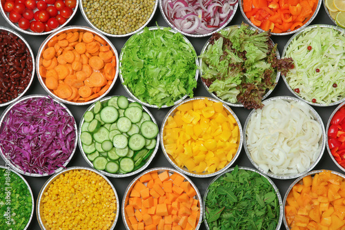 Top view of salad bar with assortment of ingredients
