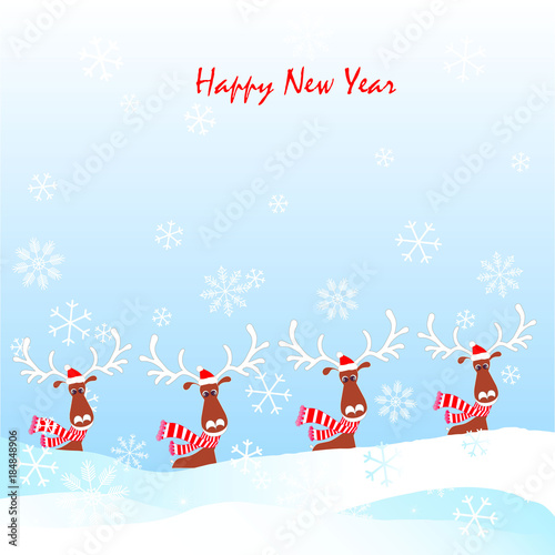 Cartoon funny, cute reindeer in red striped scarf, hat with white horns, snow, snowflax Happy New Year stock vector illustration for typography banner, for congratulation card, photo