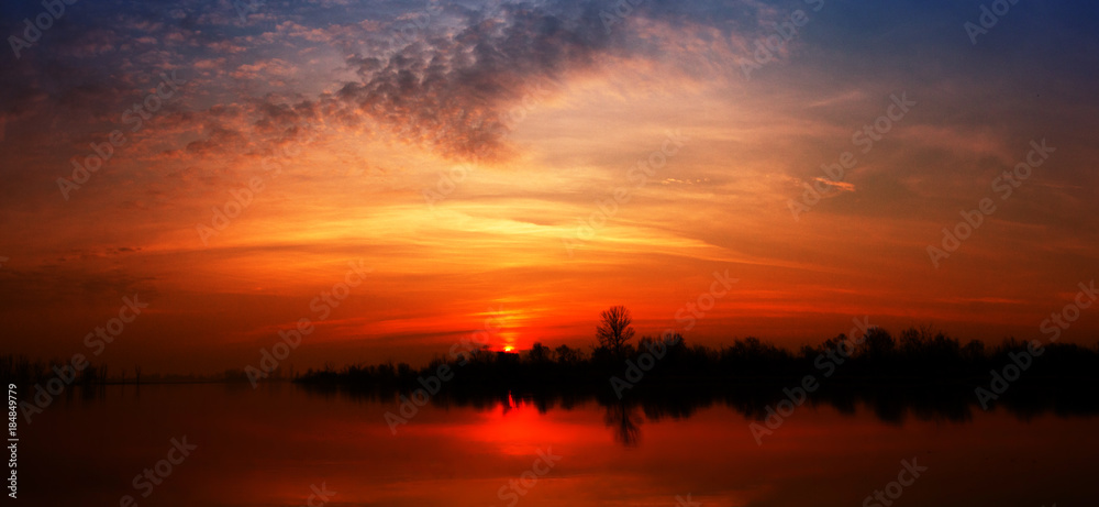 very nice sunrise on the Bzura River in Poland