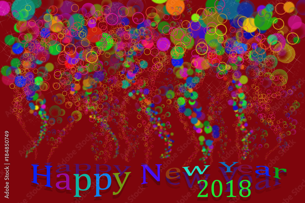 colorful  Happy New Year 2018 lettering with bubbles floating above it on a red background
