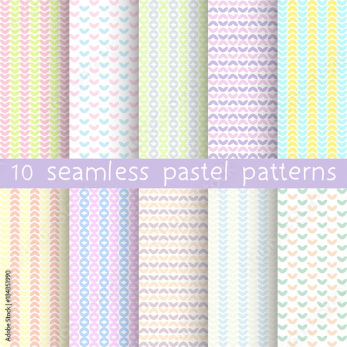 10 pastel vector seamless patterns. Textures for wallpaper, fills, web page background. Set of geometric ornaments.