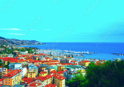 view port of San Remo (San Remo) and of the city on Azure Italian Riviera, province of Imperia, Western Liguria, Italy