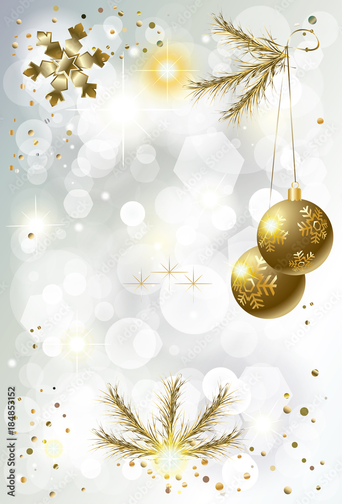 Happy new year, christmas winter holiday party, poster, flyer, greeting  card with modern gold design silver bokeh lights effect, fir tree branches,  christmas balls, confetti illustration. Stock Vector | Adobe Stock