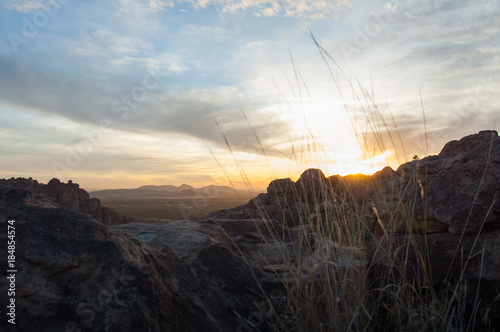 Sunset landscape view at Hueco Tanks State Park in El Paso, Texas. 