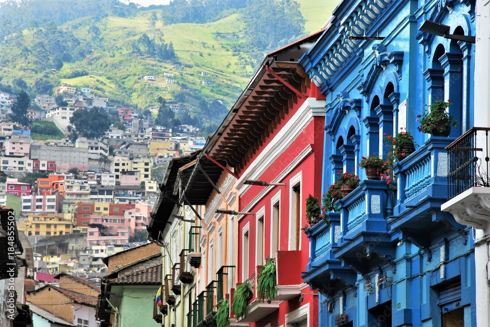 Typical Colorful colonial architetcure in Quito, Ecuador - obrazy, fototapety, plakaty 