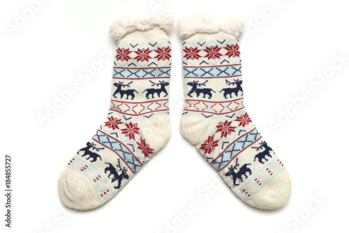 Winter woolen socks with christmas pattern
