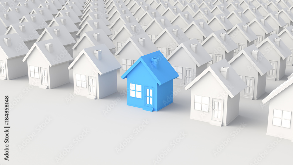 Blue house among white houses. Hunting and searching concept. 3D Rendering Blue house among white houses. Hunting and searching concept. 3D Rendering