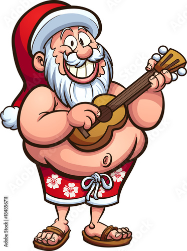 Cartoon Santa Claus wearing a swimsuit and playing the ukulele. Vector clip art illustration with simple gradients. All in a single layer. 