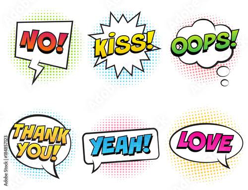 Retro comic speech bubbles with colorful shadows set on white background. Expression text OOPS, KISS, NO, YEAH, THANK YOU, LOVE. Vector illustration, pop art style.