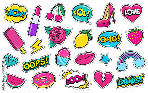Set of cute fashion patches, strawberry, lipstick, ice-cream, donut, shoe, rose, diamond, lips, watermelon, cherry, cupcake, speech bubbles etc. Cartoon stickers, 80s-90s style. Vector illustration photo