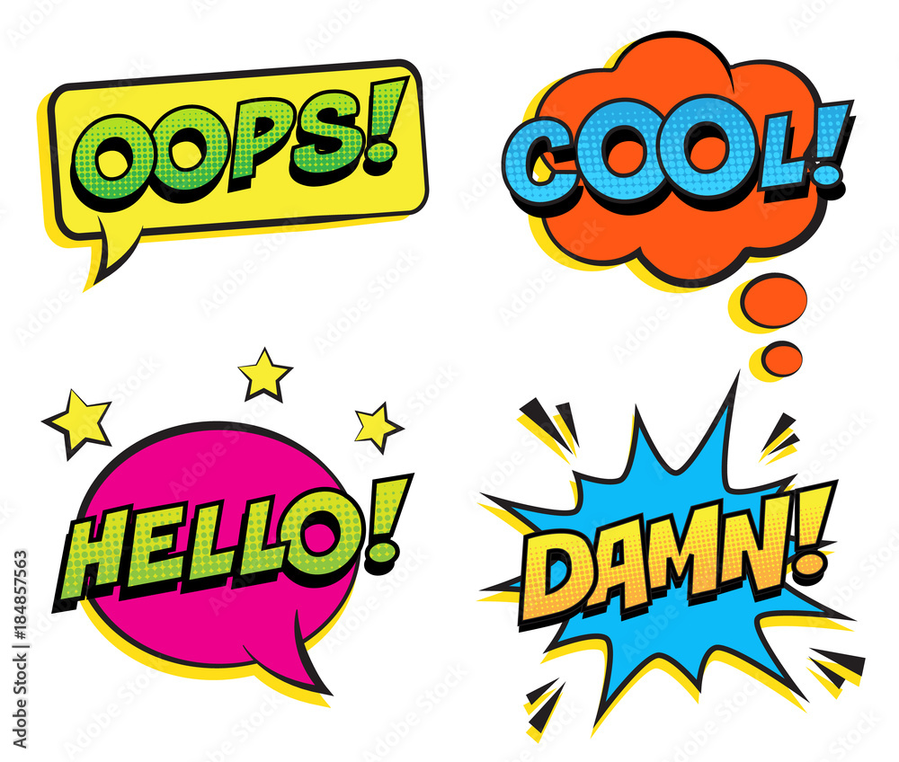 Retro colorful comic speech bubbles set with halftone shadows on white background. Expression text COOL, OOPS, HELLO, DAMN. Vector illustration, pop art style.