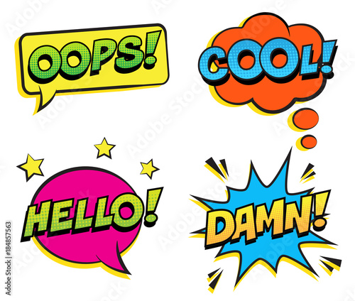 Retro colorful comic speech bubbles set with halftone shadows on white background. Expression text COOL, OOPS, HELLO, DAMN. Vector illustration, pop art style.