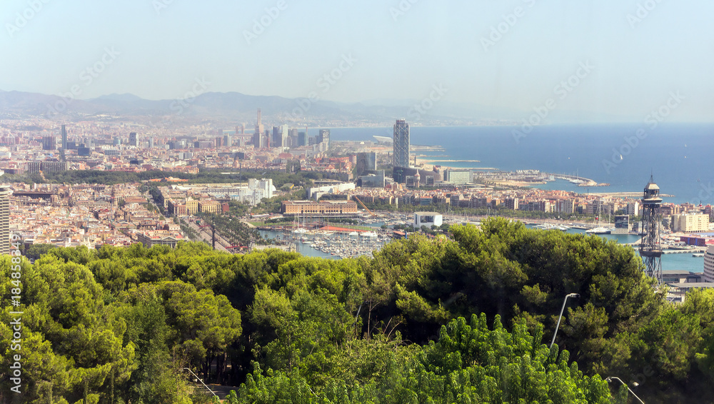 funicular against Barcelona city and cable car Aerial view