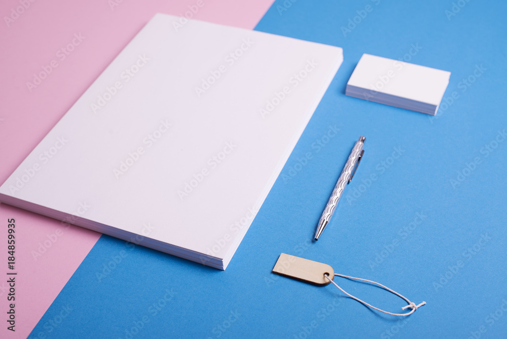 Sheets and business cards in white color next to a ballpoint pen and label on pink and blue background. Sheets and business cards in white color next to a ballpoint pen and label on pink and blue background.