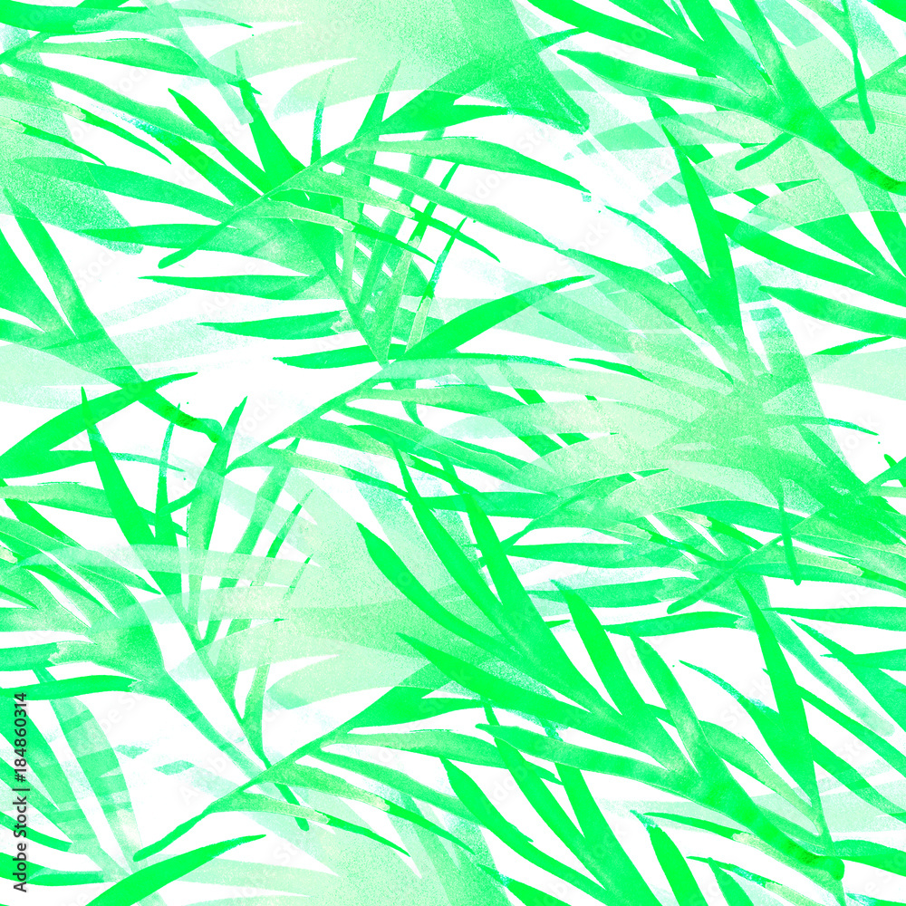 Naklejka premium Tropical Seamless Summer Pattern Design. Painted Bohemian Botanical Background Watercolor Summer Jungle Texture. Paper Seamless Summer Pattern Design. Bright Fashion Fabric Textile Design