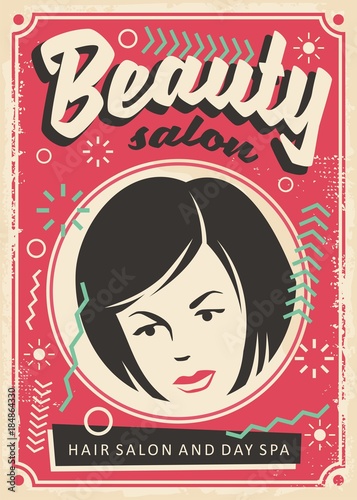 Beauty salon retro poster design with pretty young girl portrait on pink background. Comic style old fashioned ad design with Memphis style design elements.