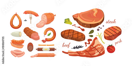 Different types of meat products set. Isolated set food on white background. Menu design in cartoon style.