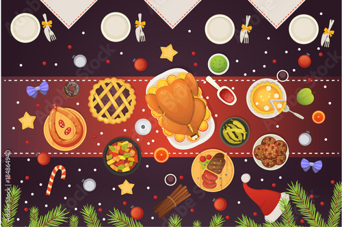 Christmas table top view, dishes with turkey, cookies, dessert and decorations. New year vector food illustration.
