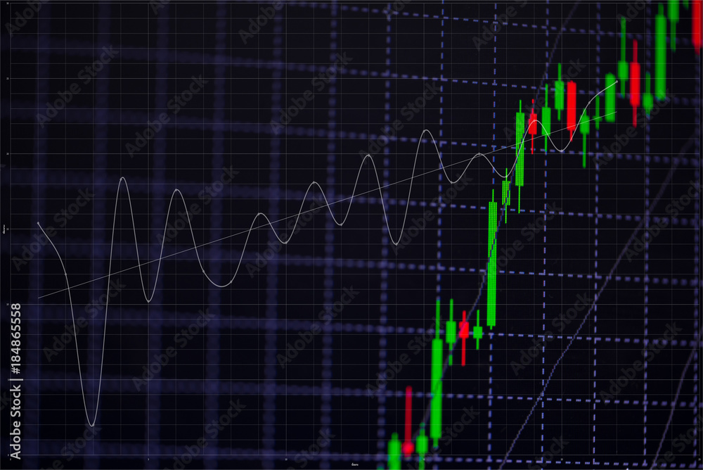 Candle stick graph chart with indicator showing bullish point or bearish point, up trend or down trend of price of stock market or stock exchange trading, investment concept.
