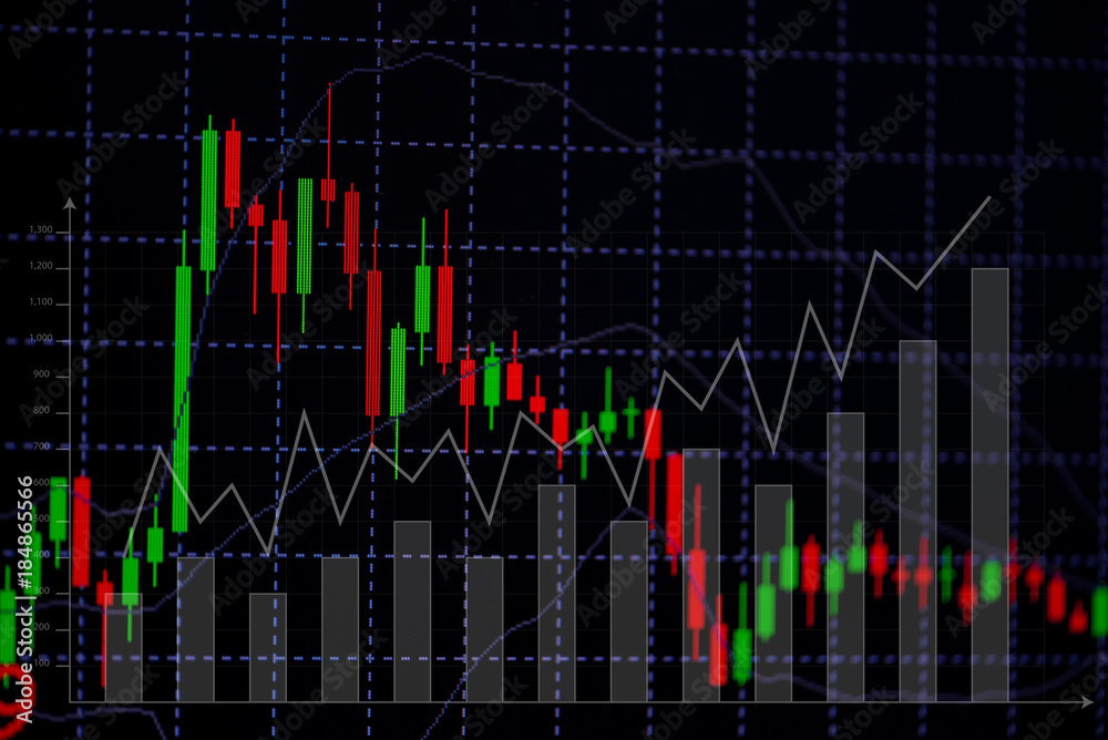 Fototapeta premium Candle stick graph chart with indicator showing bullish point or bearish point, up trend or down trend of price of stock market or stock exchange trading, investment concept.