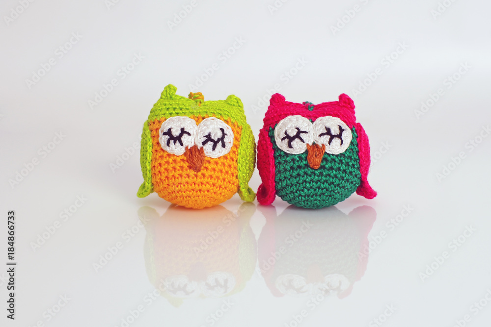Fototapeta premium Two colorful handmade knitted owls placed on a white background
