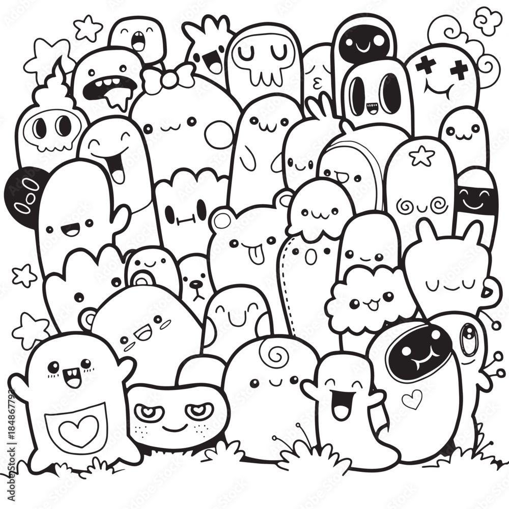 Funny monsters ,Cute Monster pattern for coloring book. Black and white ...