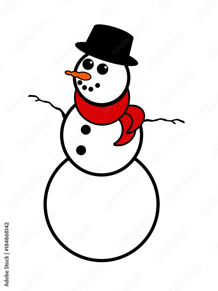 Snowman with black top hat, carrot nose, scarf, branches Snowman with black top hat, carrot nose, scarf, branches