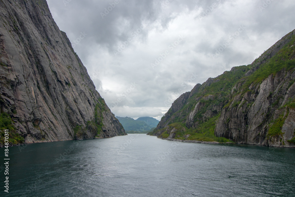 The magnificent Trollfjorden in Lofoten/Vesteralen, Norway. Trollfjorden is a narrow fjord, only a hundred meters wide at it's narrowest point. But, even large cruise ships visit the fjord. 