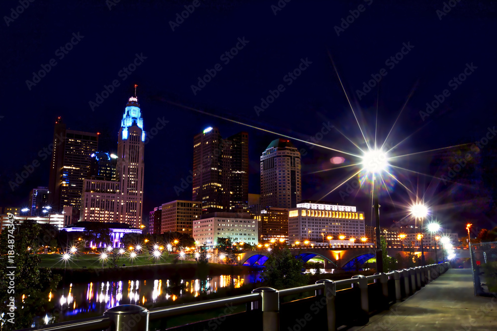 The city of Columbus, Ohio sparkles at night.