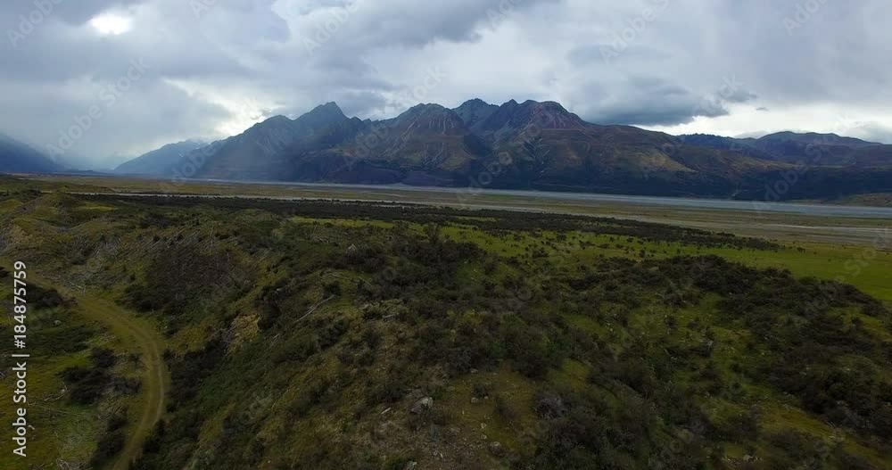 NEW ZEALAND – MARCH 2016 : Aerial shot over Glentanner Field on a beautiful day with amazing landscape in view