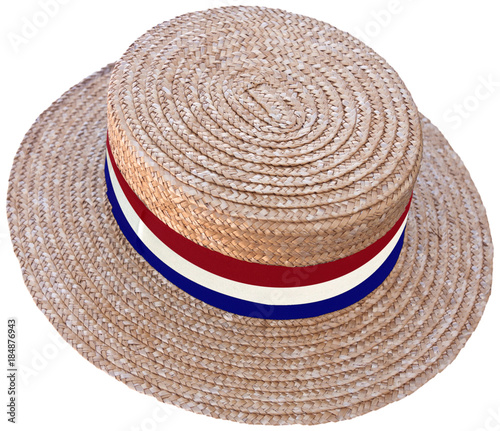 chapeau de paille tricolore, canotier Maurice Chevalier, fond blanc photo