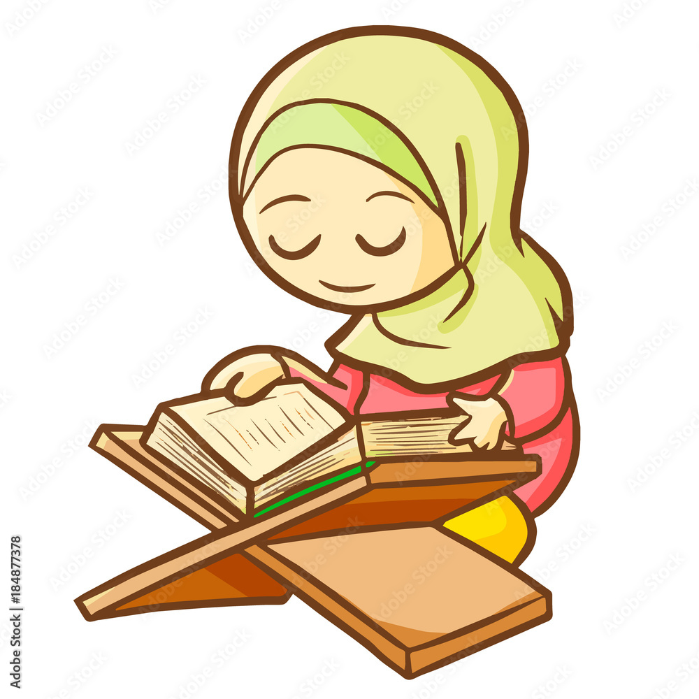 Cute and beautiful muslim female reading Qur'an - vector.