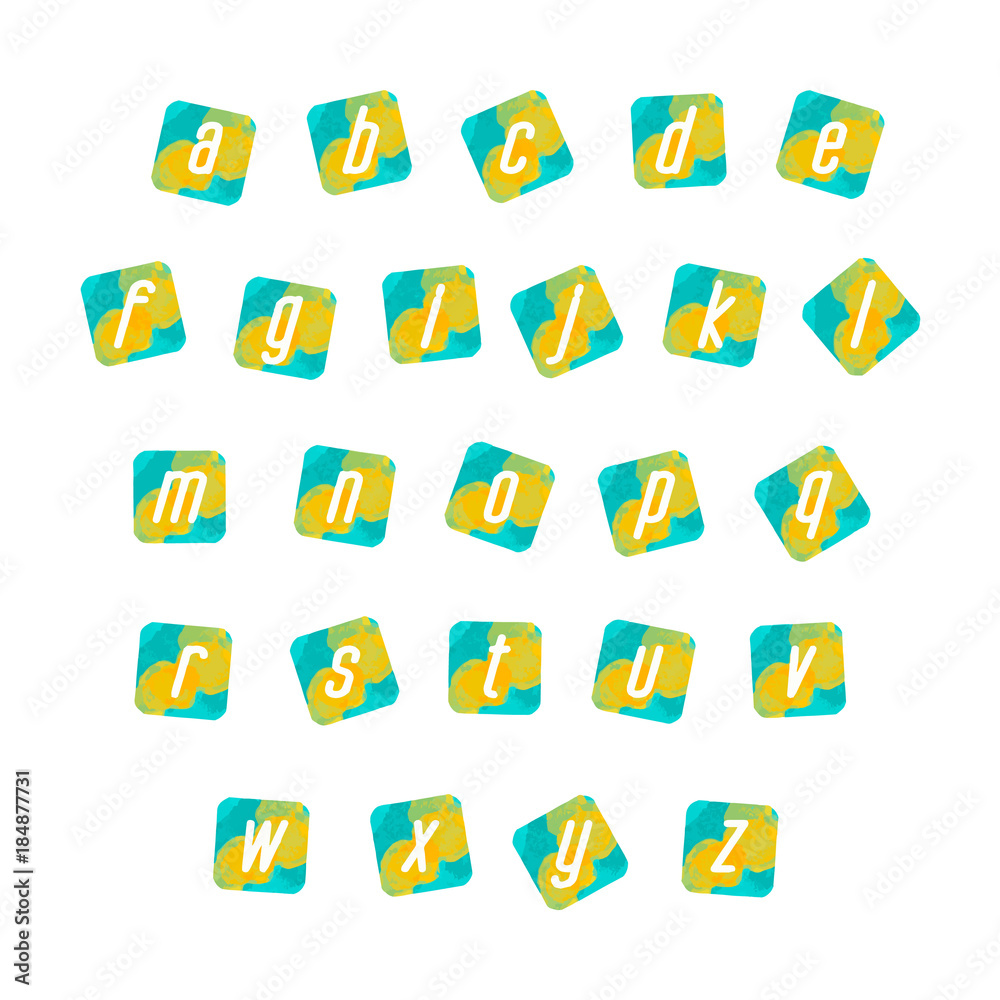 Artistic and cool alphabet in green yellow rounded square watercolor background - vector.