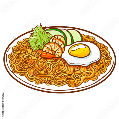 Seafood fried noodle, or "mie Goreng Seafood" in Bahasa Indonesia. A cultural noodle food from Asia with additional seafood ingredients - vector.