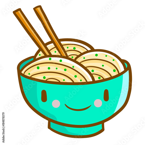 Funny and cute noodle in blu green bowl smiling happily - vector.