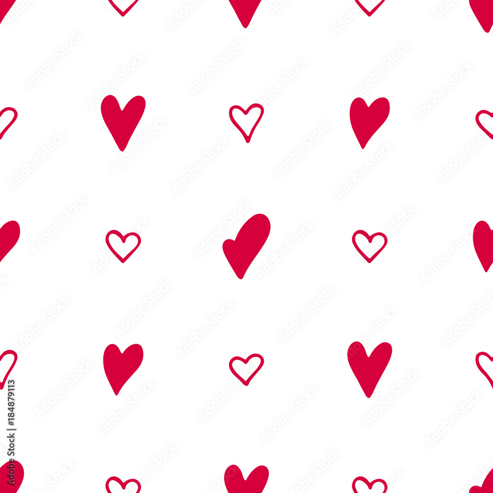 Gentle seamless pattern with hand-drawn red hearts on the white background.