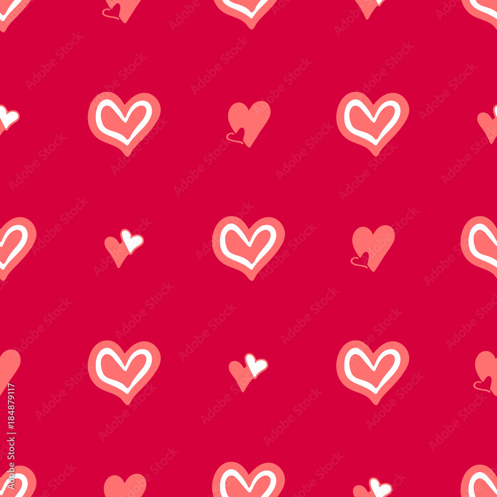 Gentle seamless pattern with hand-drawn white hearts on the red background. Gentle seamless pattern with hand-drawn white hearts on the red background.