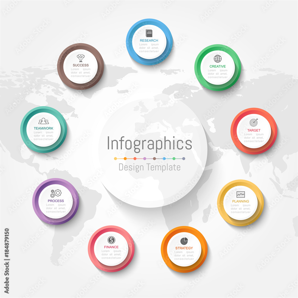 Infographic design elements for your business data with 9 options, parts, steps, timelines or processes. Vector Illustration. World map of this image furnished by NASA Infographic design elements for your business data with 9 options, parts, steps, timelines or processes. Vector Illustration. World map of this image furnished by NASA