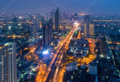 Bangkok Expressway and Highway top view during twilight time ,expressway is an important infrastructure for rush hour in Bangkok , Bangkok,Thailand